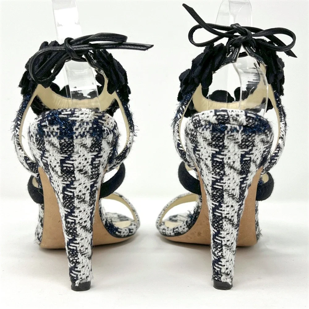 Chanel‎ Tweed Camellia CC Pumps Black White Heels 37.5